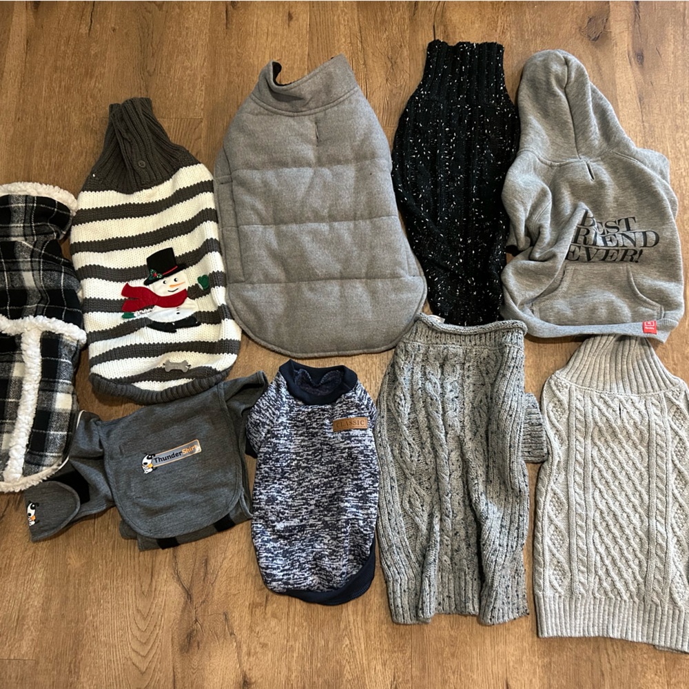 Assorted Dog Sweaters, coats, shirts whole lot for $15 size medium